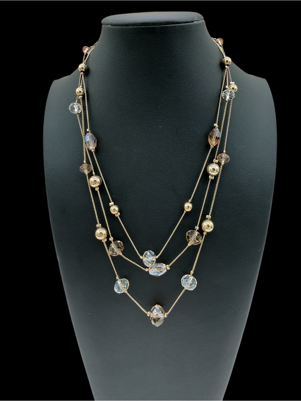 Layered Station Gold Necklace: Faceted Champagne, Clear, and Gold Beads